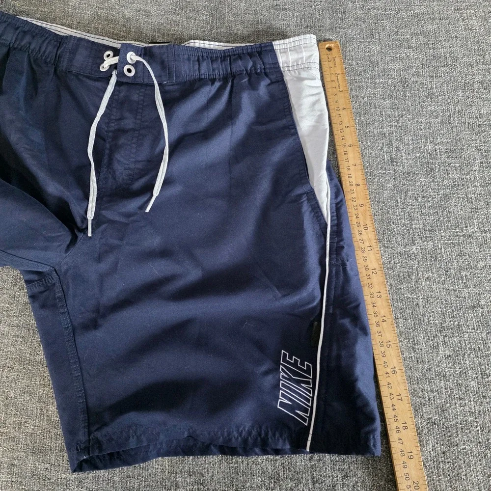 Nike Swim Board Shorts Mens M Navy Blue White Lined Drawstring Big Logo Trunks